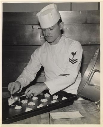 (NAVAL & MILITARY--FOOD) Mini-archive of 60 post-war photographs associated with grub and the servicemen who enjoy it.